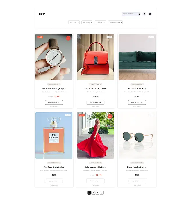 Luxury Product Grid with Horizontal Filter